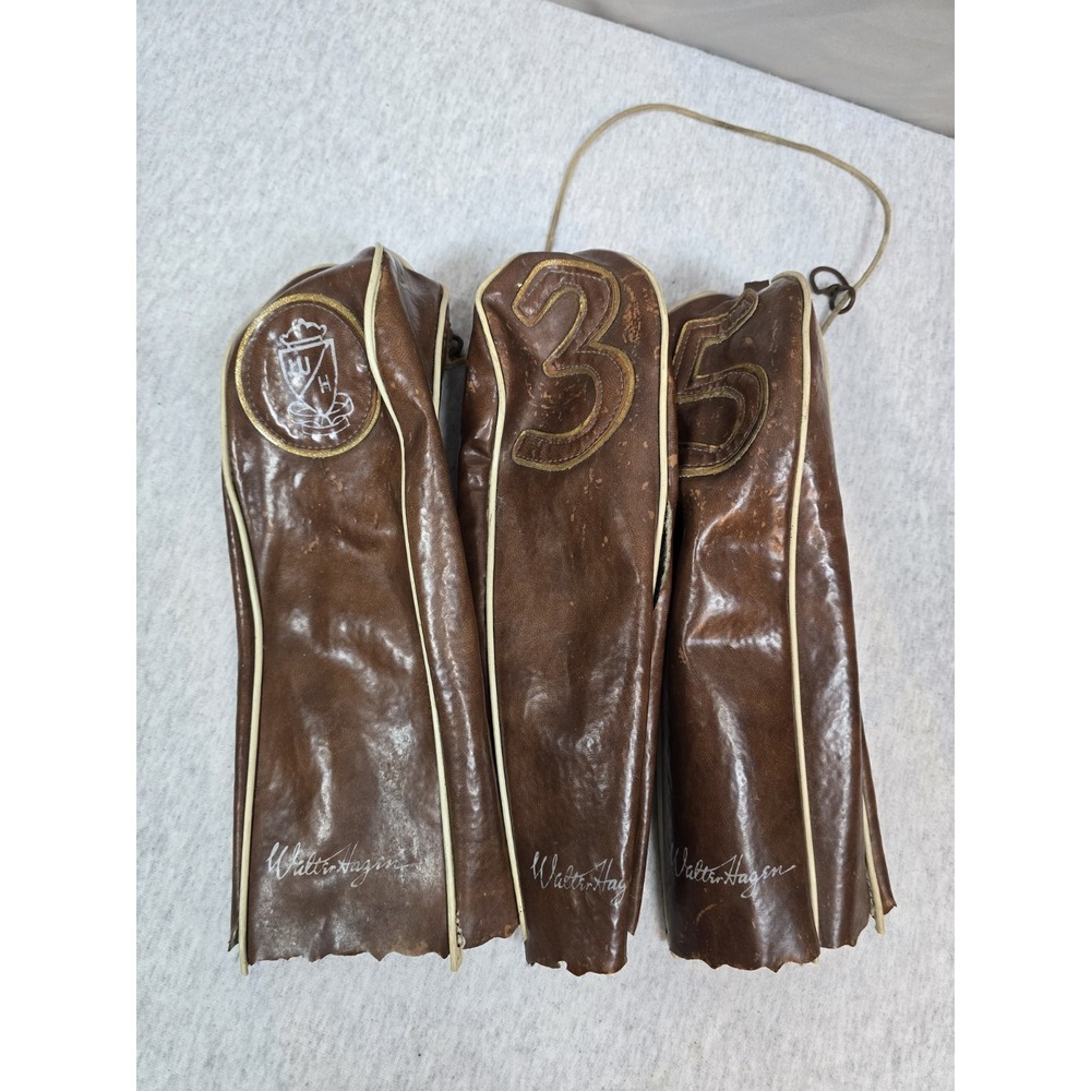 Vintage Walter Hagen Set Of 4 Leather Golf Club Head Covers Marked 3 5 & Signate